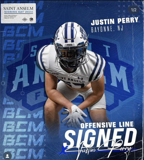 Collegiate football card featuring BHS senior Justin Perry posing in a football stance. Words indicate that Justin Perry has Signed with his signature.